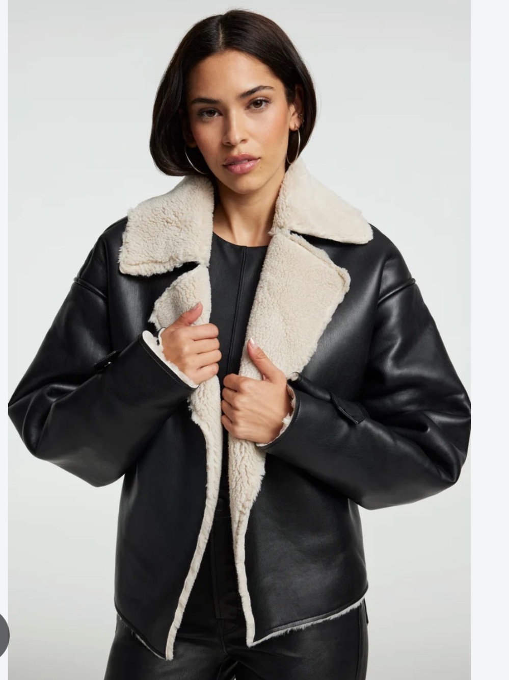 Good American Black Faux Leather Jacket with Cream Shearling Trim